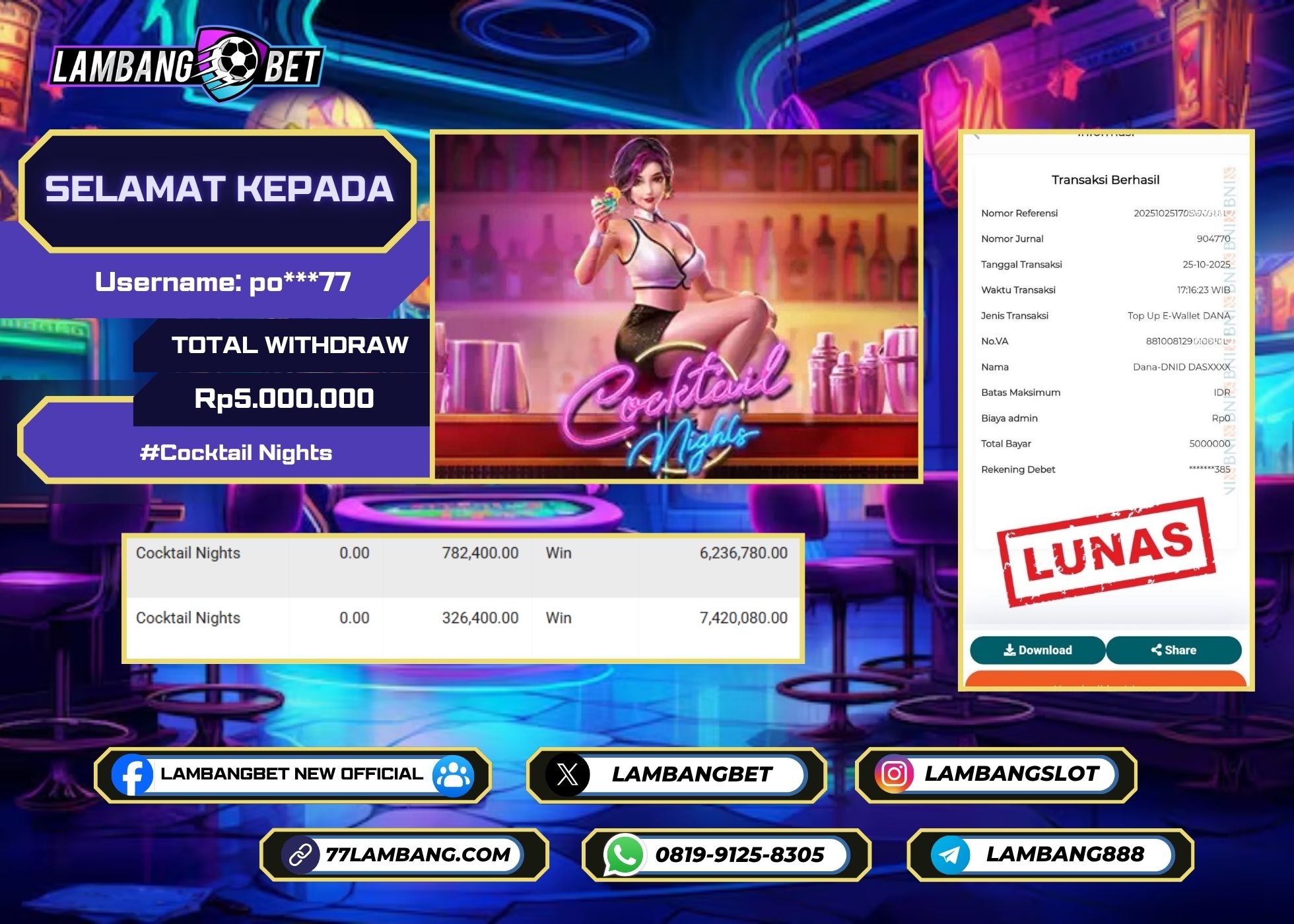 LAMBANGBET [25 OKTOBER 2025] JACKPOT SLOT Cocktail Nights "Rp5.000.000" LUNAS